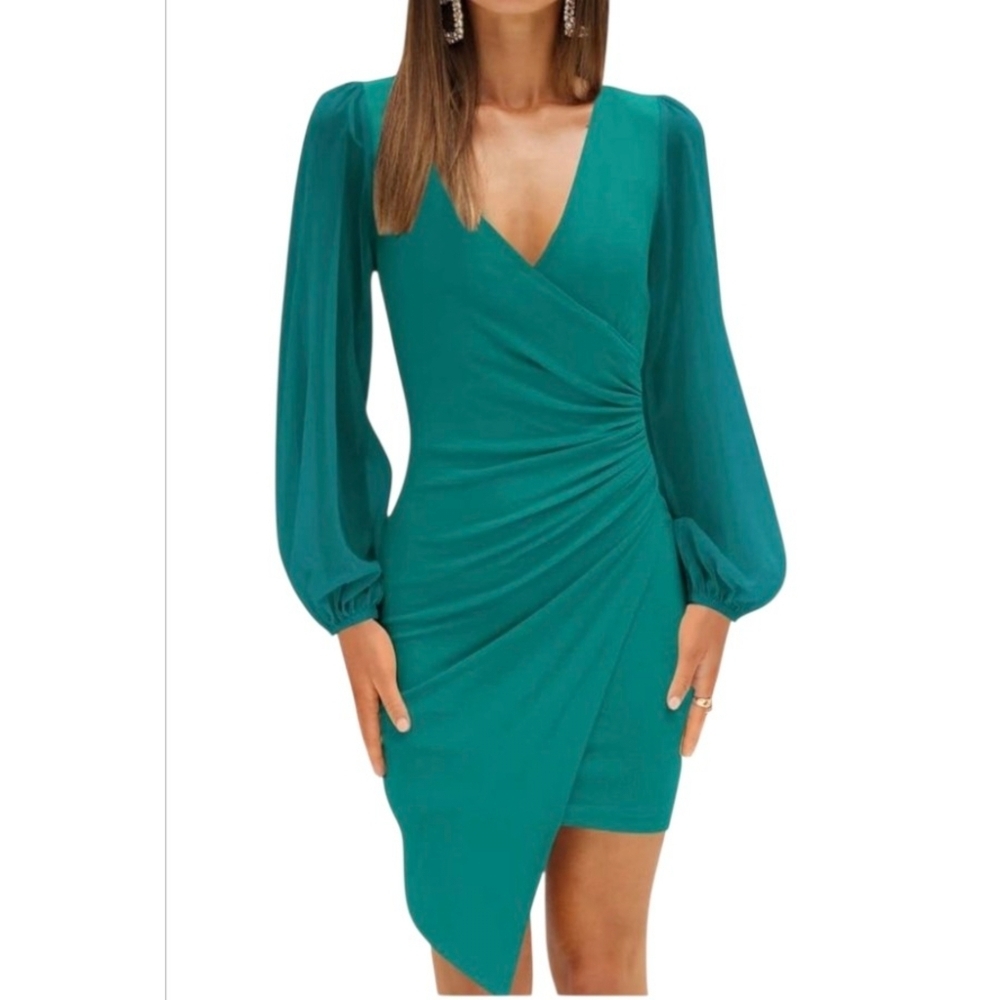 Zesica Vneck Wrap Asmmetrical Dress Green Size L